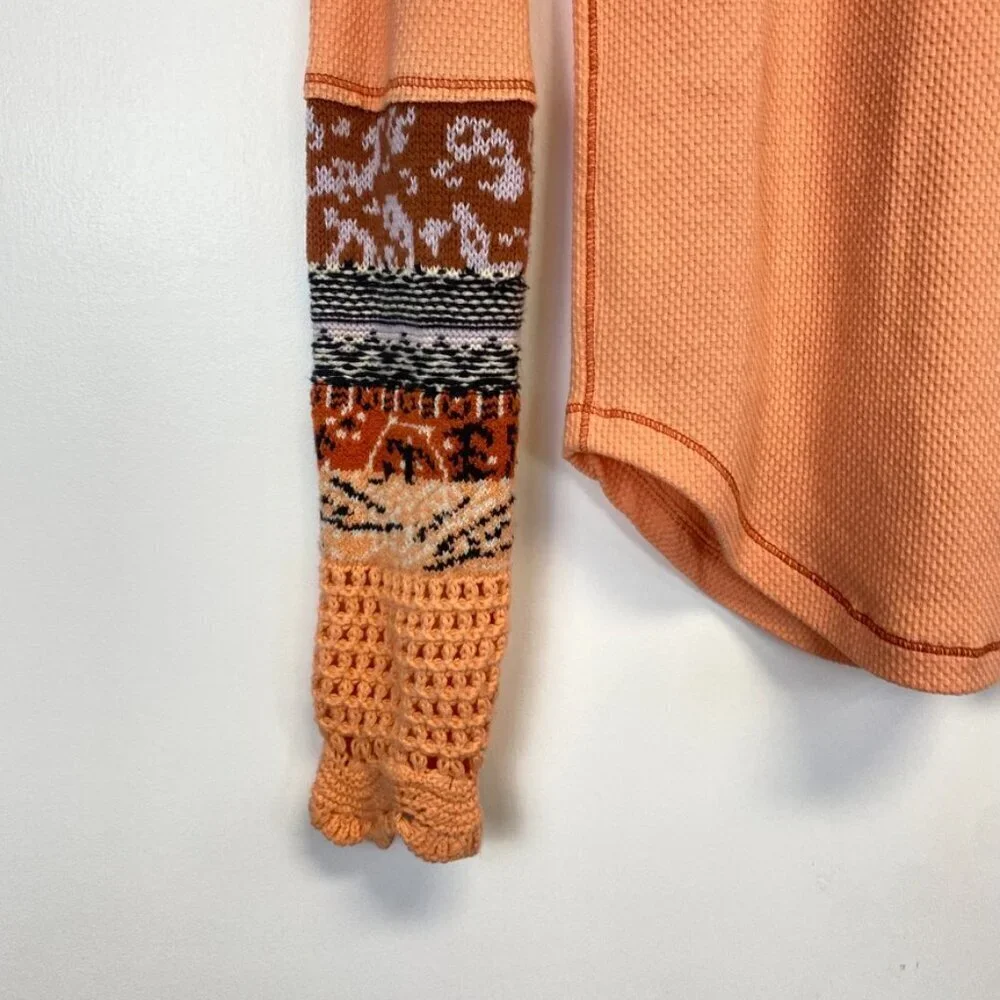Free People Orange Thermal Waffle Knit Crochet Sweater Sleeve Top